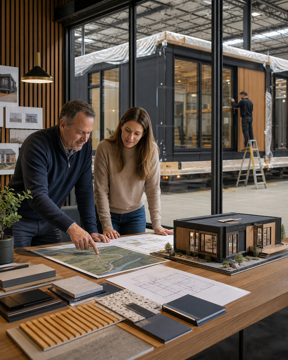 Project coordinator and homeowner reviewing plans while a modern modular home is prepared for delivery