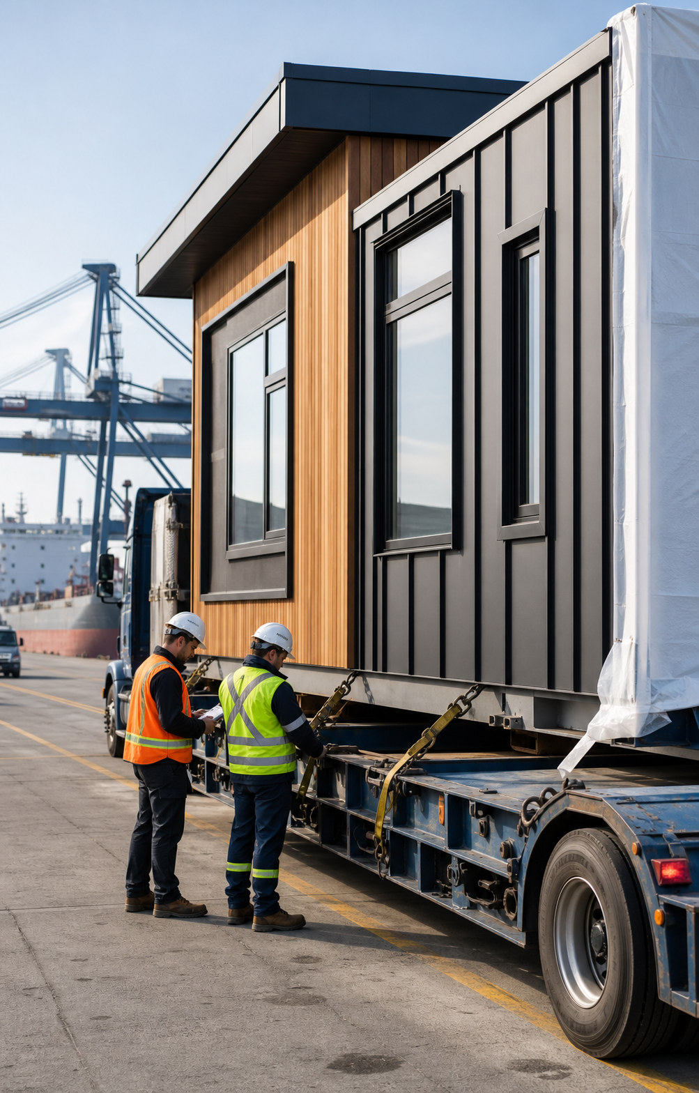 Transport professionals inspecting a modern modular home secured for road delivery at a Canadian port