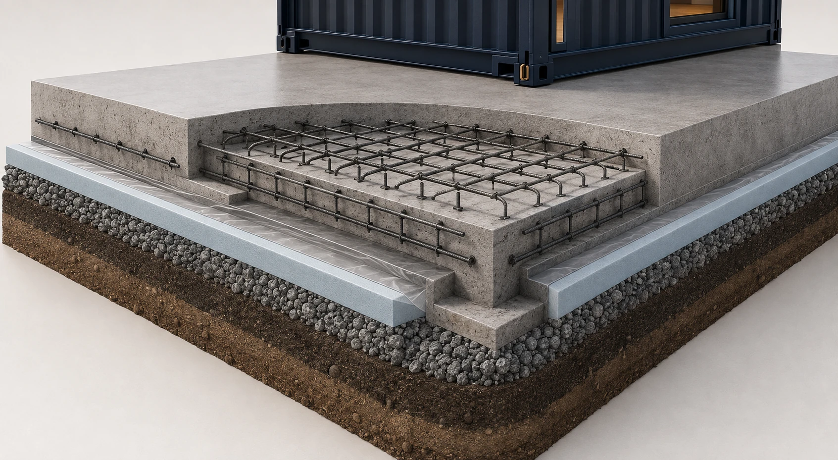 Premium architectural cutaway of a reinforced concrete slab-on-grade foundation beneath a modular container home